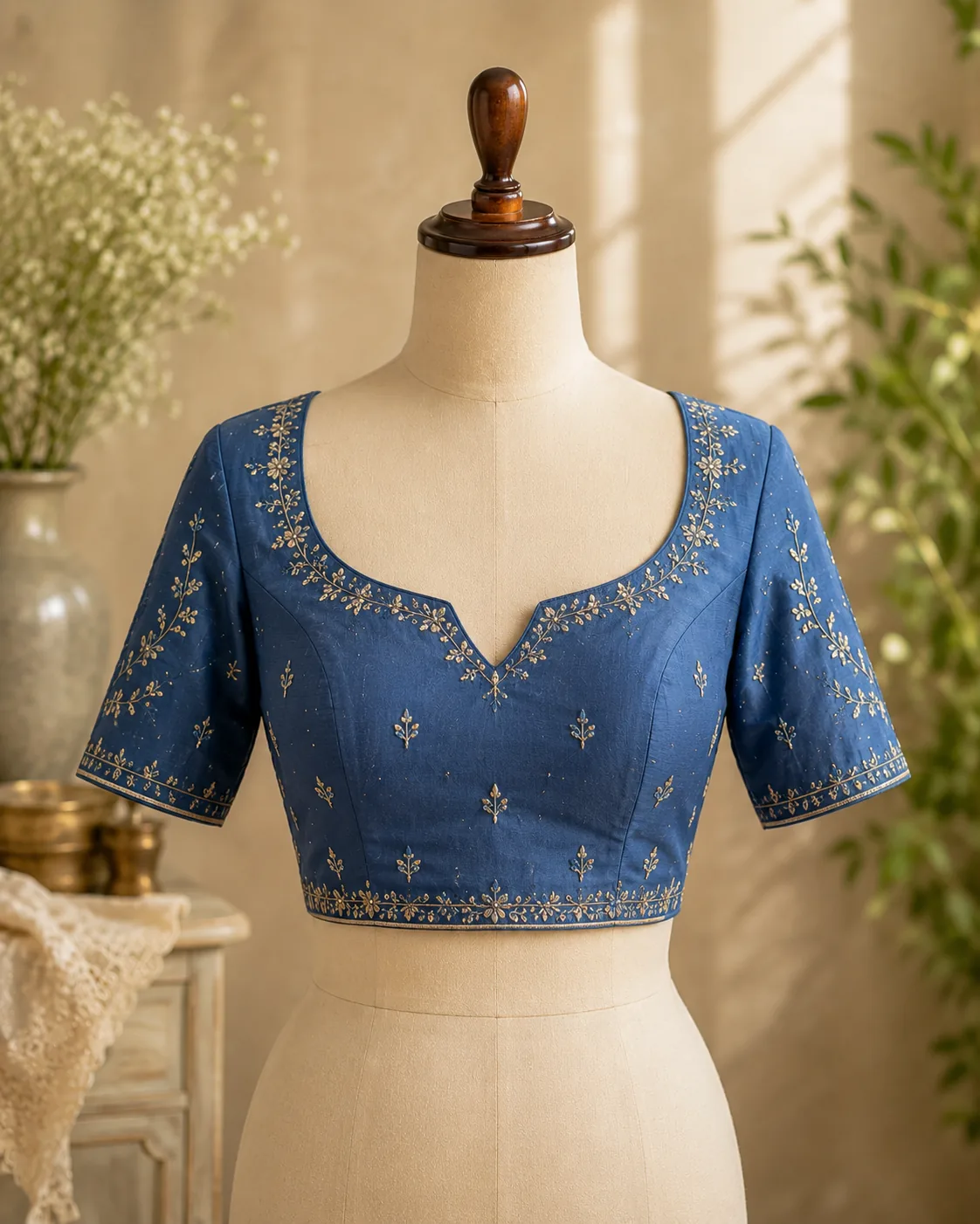 Blue hand-embroidered blouse on a mannequin, an example of FABLOON's quick-turnaround regular blouse service