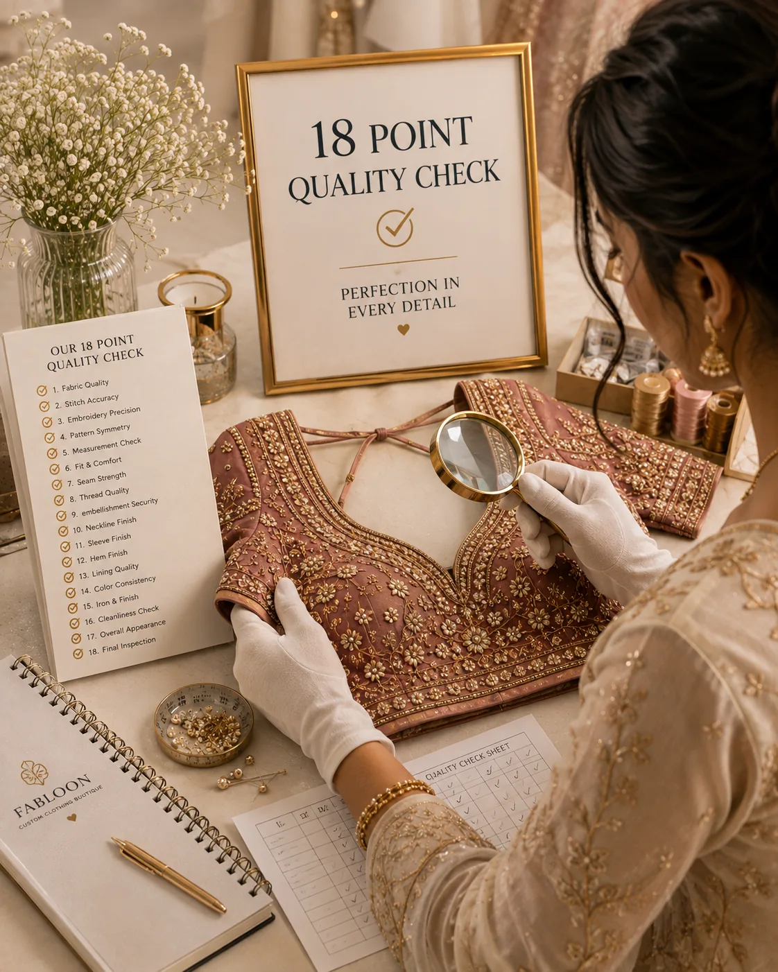 FABLOON quality inspector examining a bridal blouse with a magnifying glass under an 18-point quality check display