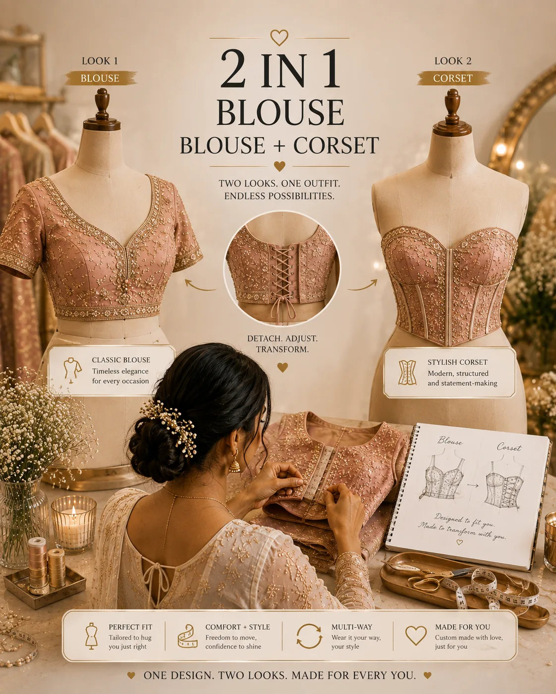 FABLOON 2-in-1 blouse and corset display showing two convertible looks from one garment