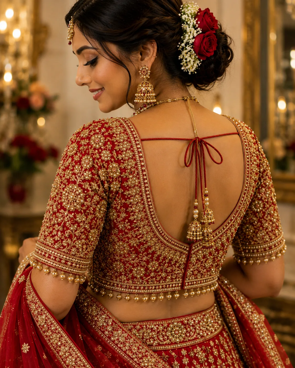 Red and gold hand-embroidered bridal blouse, the kind of detailed work assessed for FABLOON's 24-hour express service