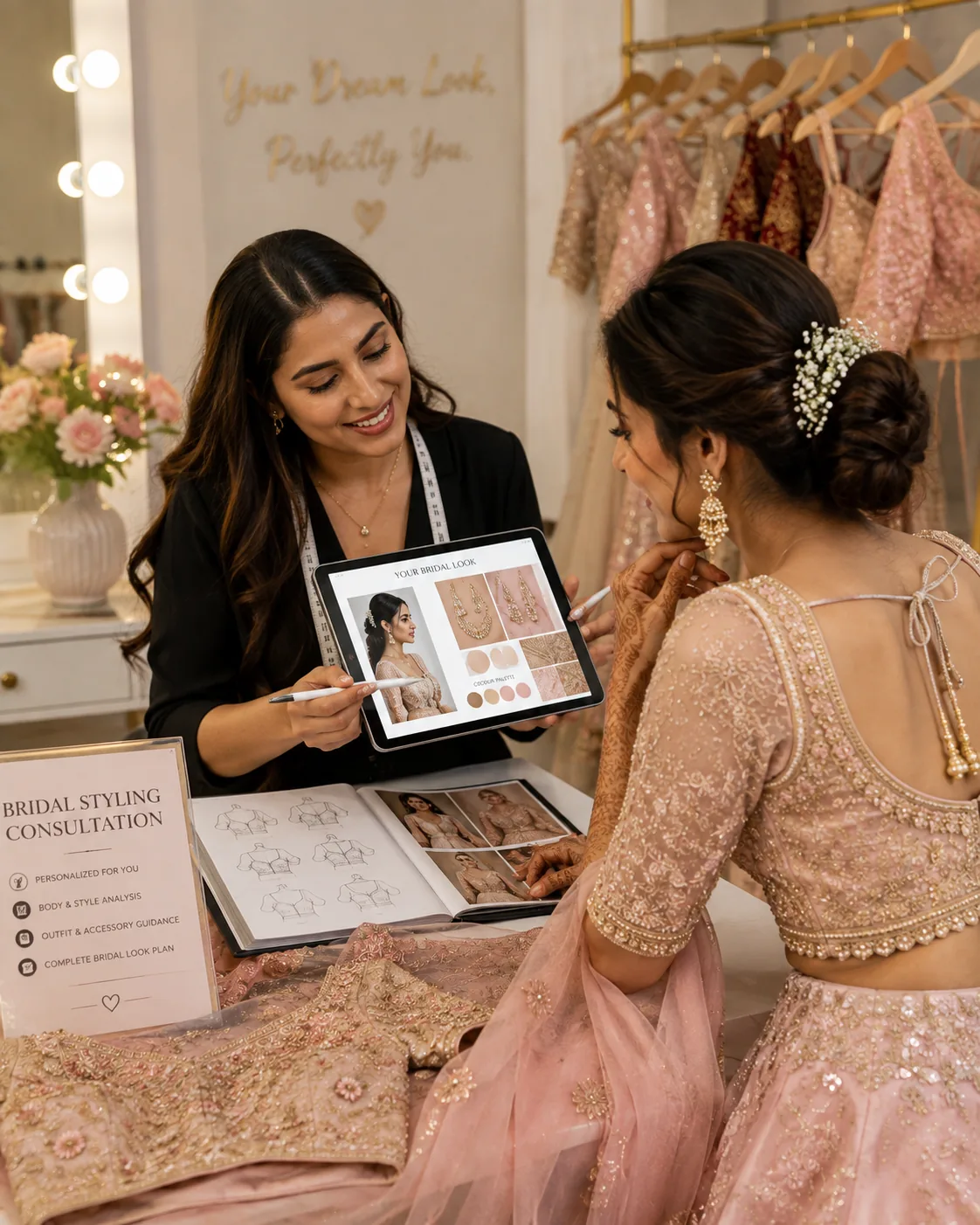 FABLOON stylist showing a bridal styling consultation on a tablet to a bride in a pink lehenga