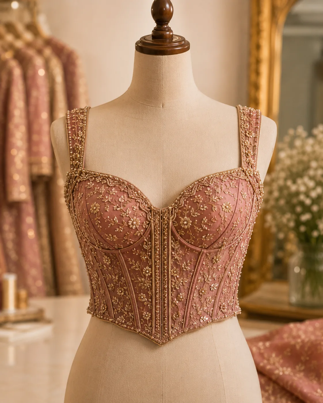 Pink hand-embroidered corset-style blouse on a mannequin, an example of a blouse-to-corset conversion