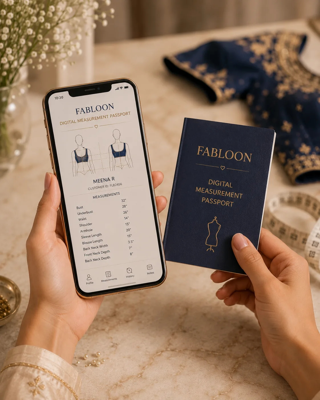 FABLOON digital measurement passport booklet next to a phone showing a saved measurement profile