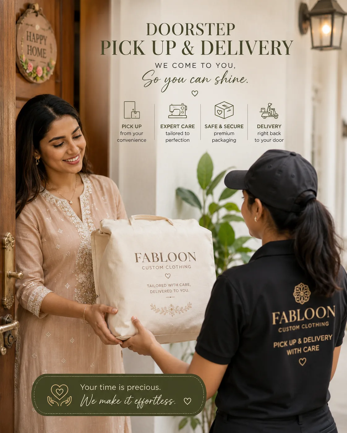 FABLOON doorstep pickup and delivery handoff of a packaged order at a customer's door