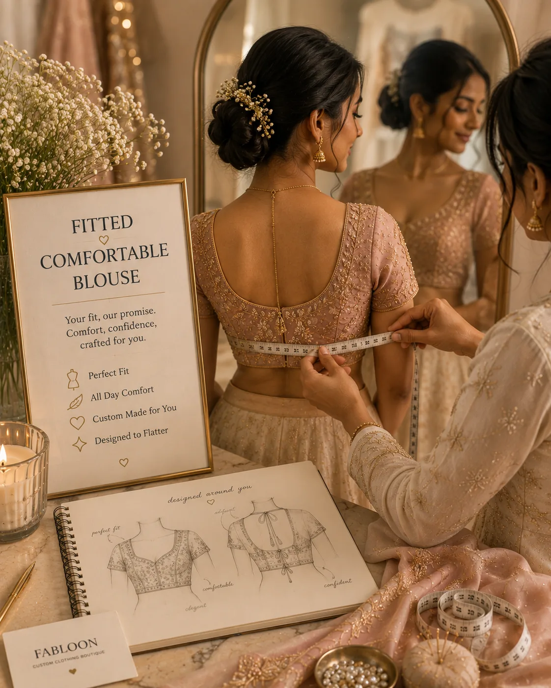 FABLOON tailor fitting a customer for a comfortable, well-fitted blouse in front of a mirror