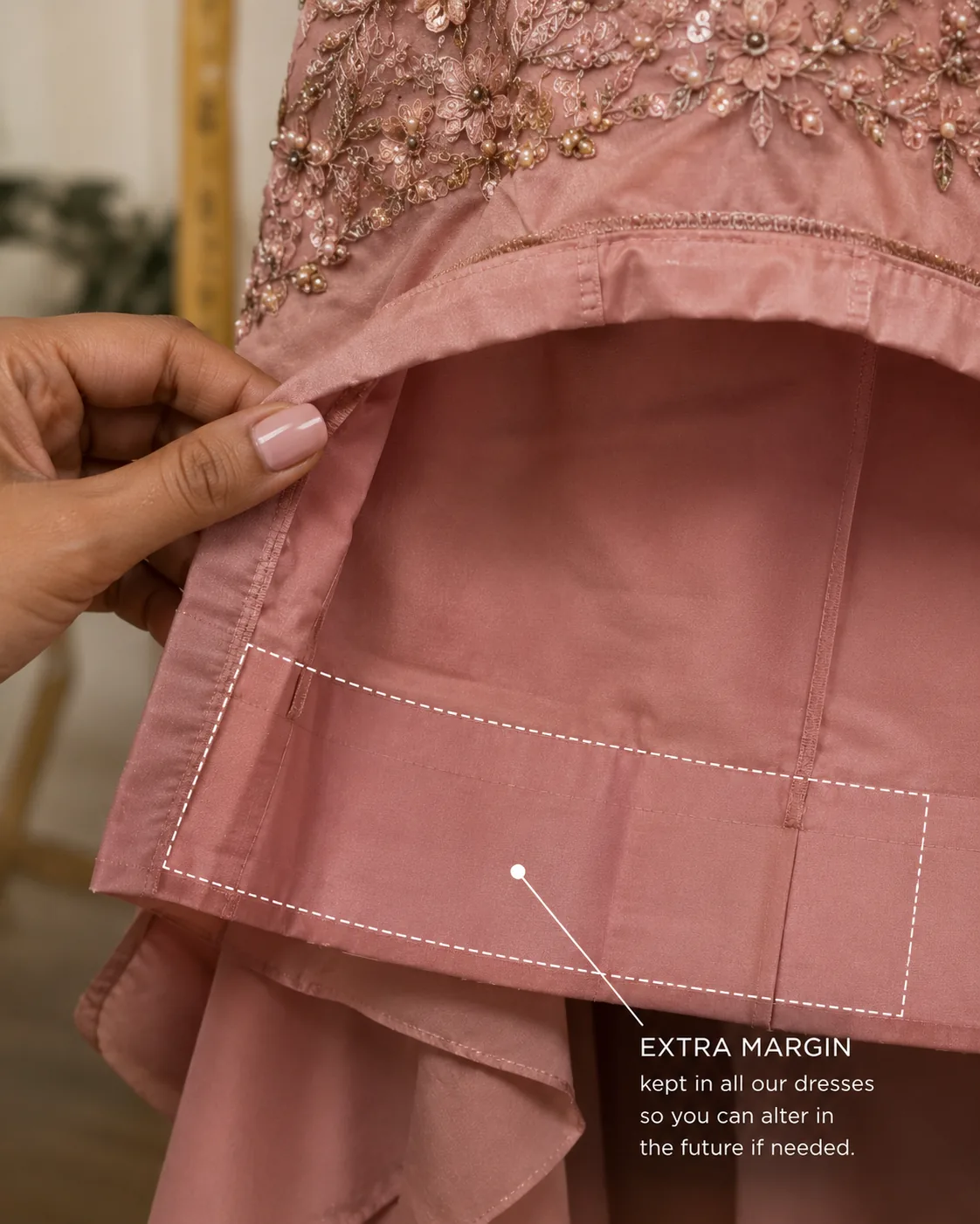 Close-up of extra seam margin kept inside a FABLOON garment so it can be altered in the future