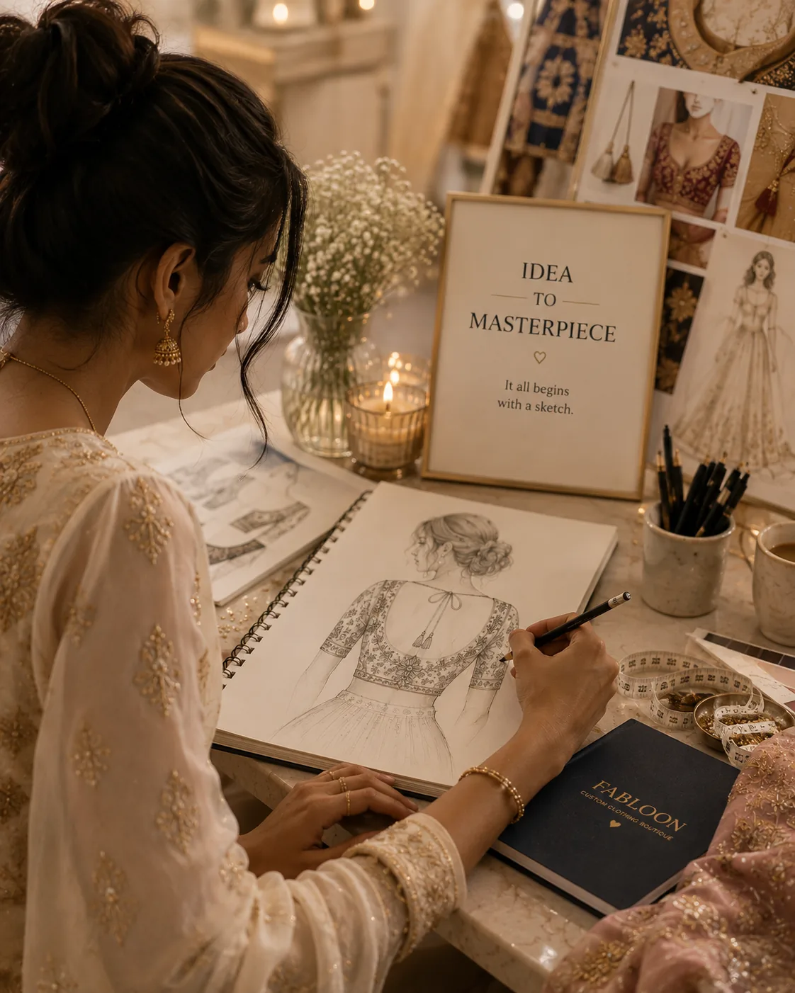 FABLOON designer sketching a concept gown design under an 'Idea to Masterpiece' display card