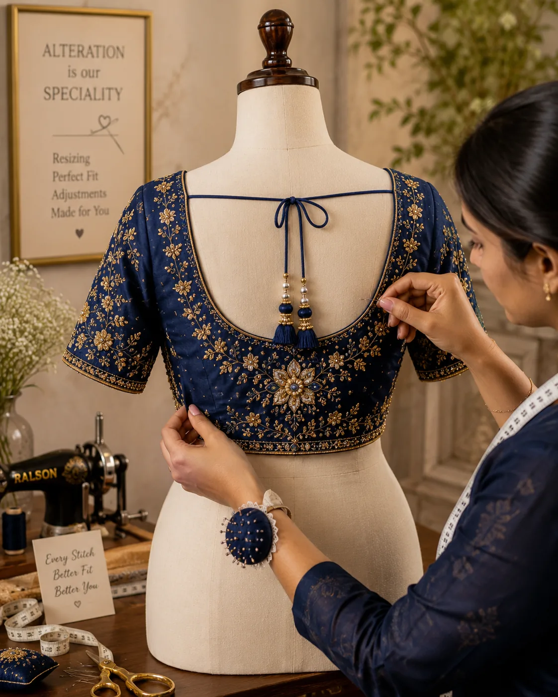 FABLOON tailor adjusting a blue embroidered blouse on a mannequin as part of an alteration