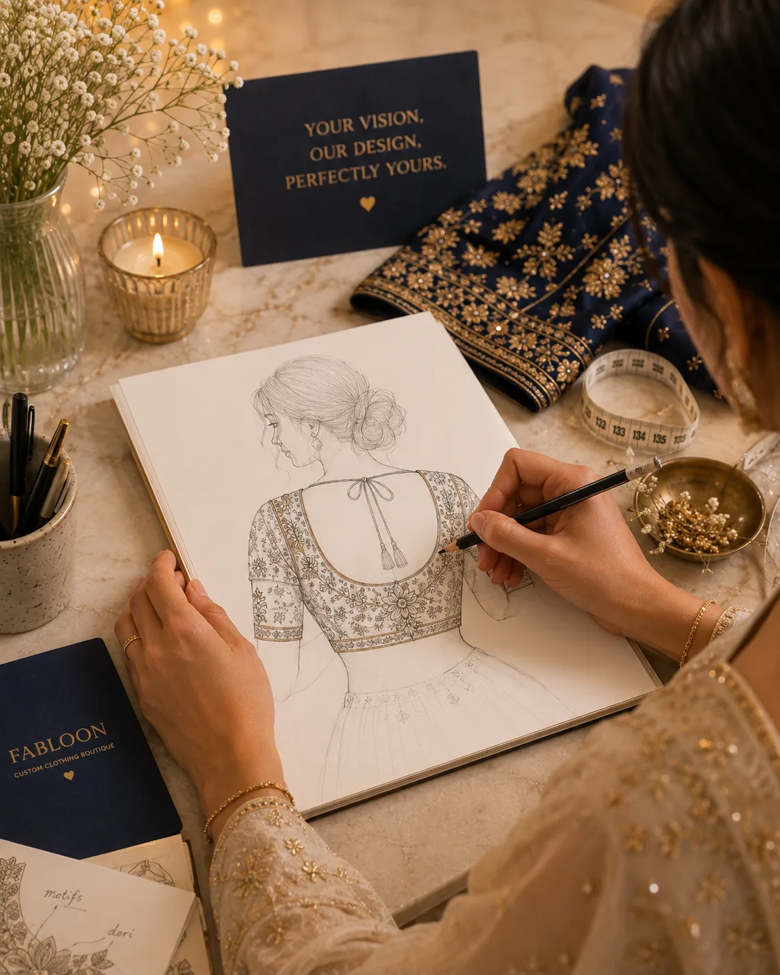 FABLOON designer live-sketching a blouse design by hand from a customer reference