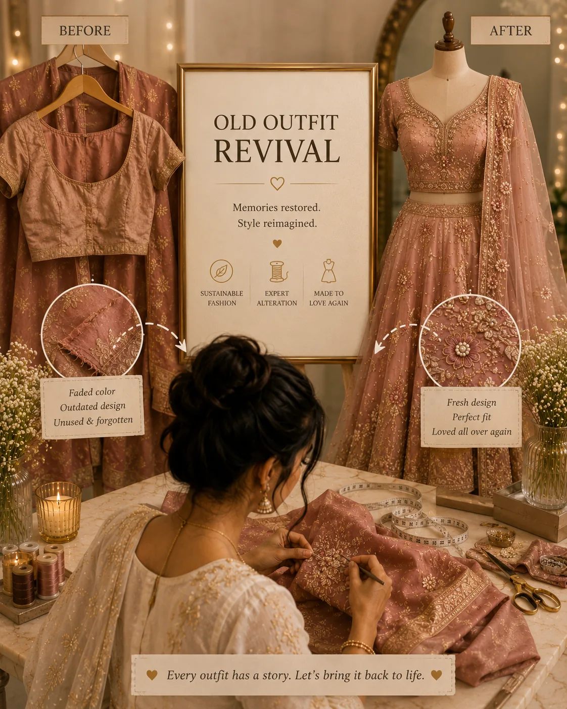 FABLOON old outfit revival before-and-after display of a pink lehenga transformation