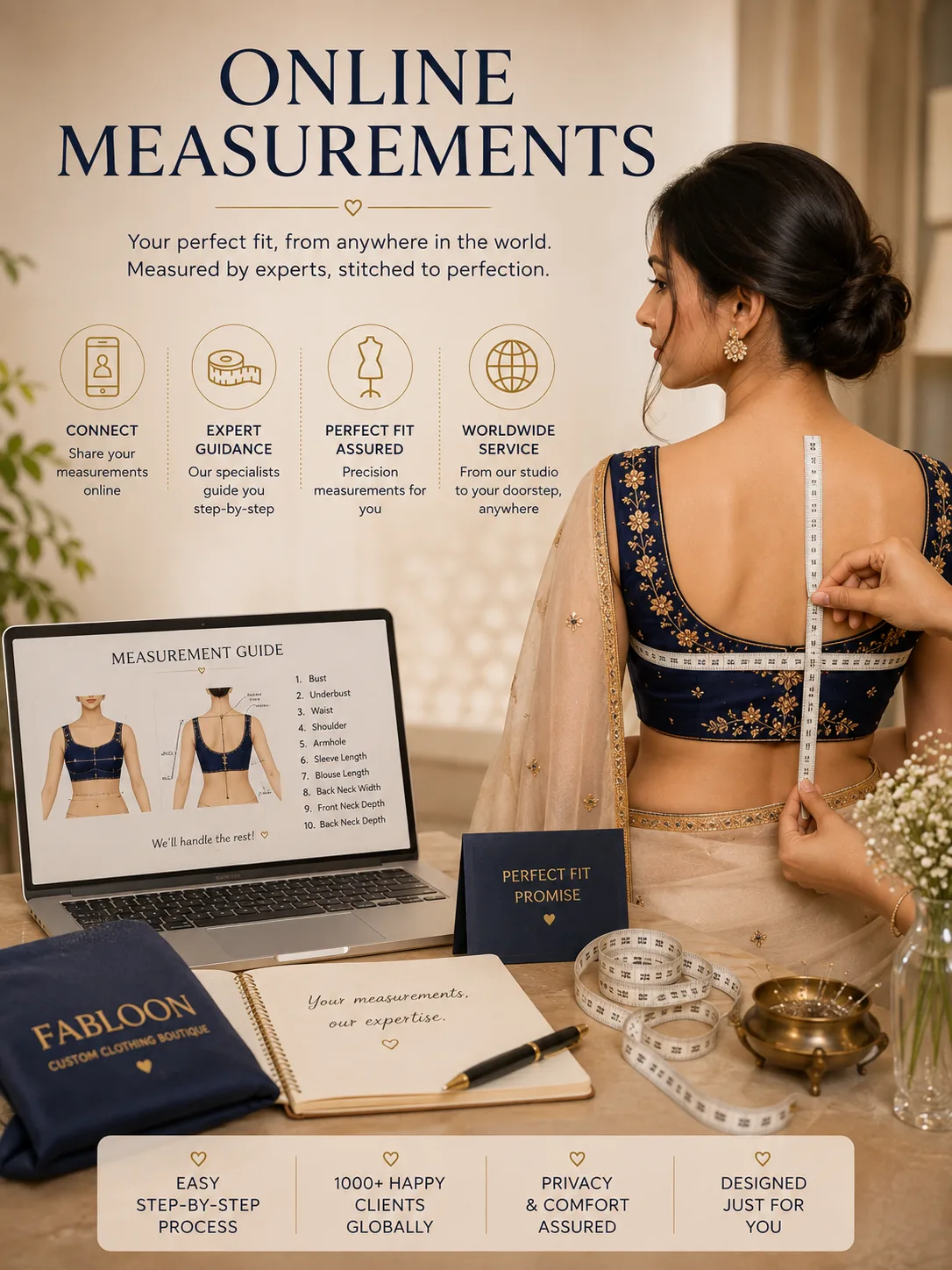 FABLOON online measurement guide showing a customer being measured beside a laptop measurement chart
