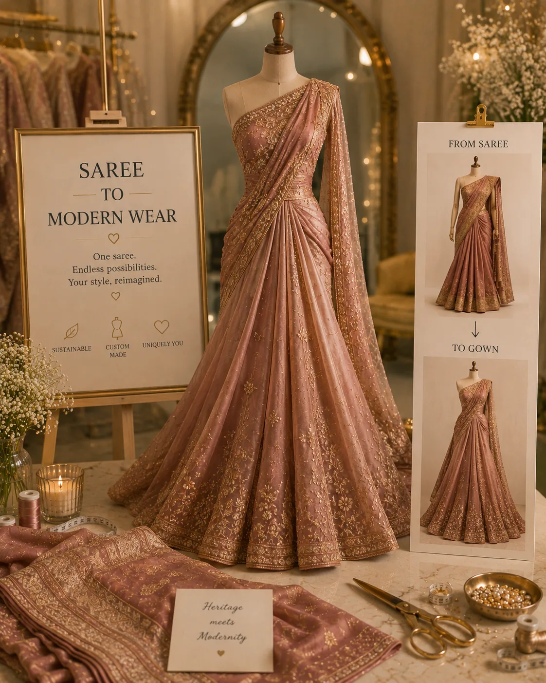 FABLOON saree-to-modern-wear conversion display with a draped pink saree beside before-and-after gown cards