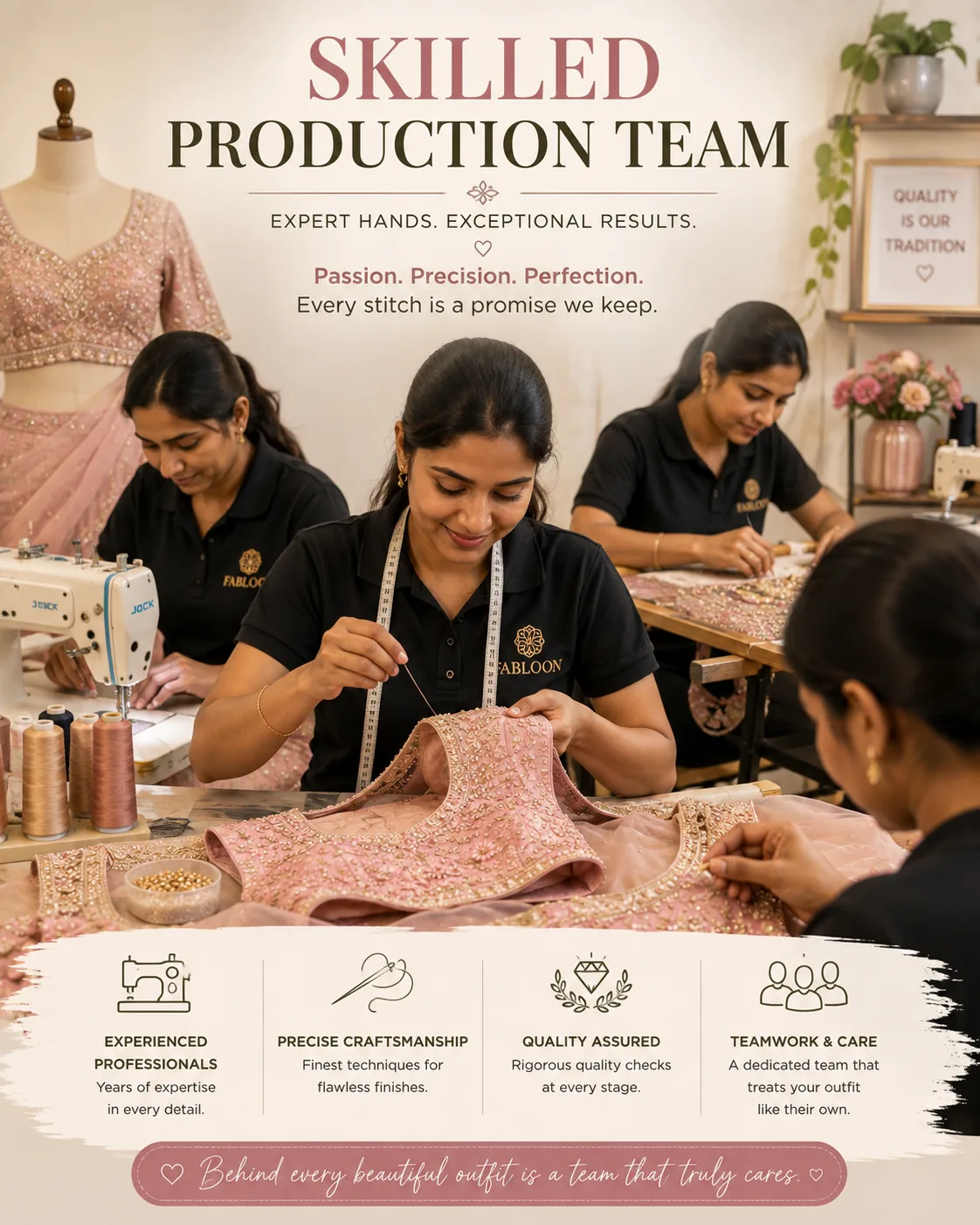 FABLOON's skilled production team stitching and finishing garments in the workshop