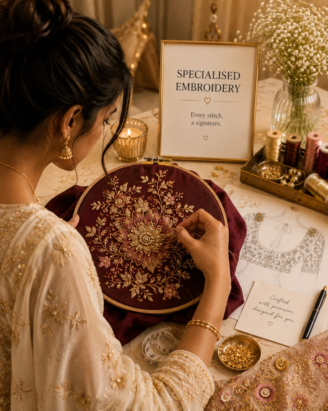 FABLOON embroiderer hand-stitching specialist Aari work on a maroon fabric hoop
