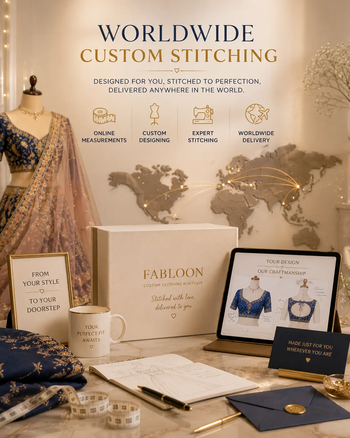 FABLOON worldwide custom stitching flat-lay with online measurement, design and delivery icons for an overseas order