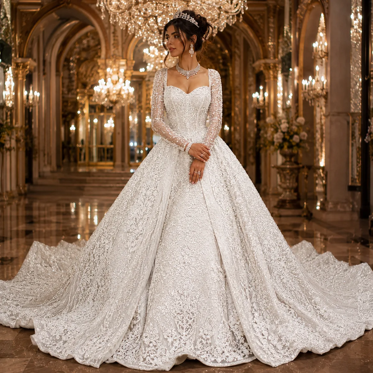 Ivory lace long-sleeve wedding gown, custom designed by FABLOON
