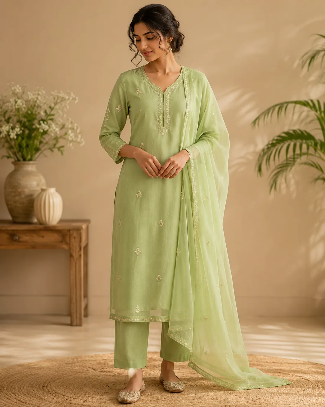 Mint green embroidered salwar suit, an example of FABLOON's custom clothing in Chennai