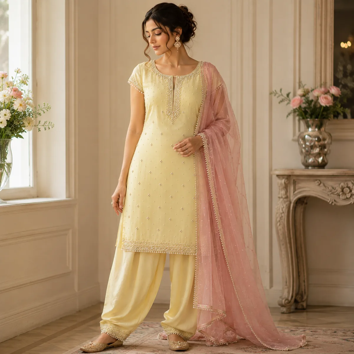 Pastel yellow embroidered salwar suit, the kind of everyday piece FABLOON alters and resizes