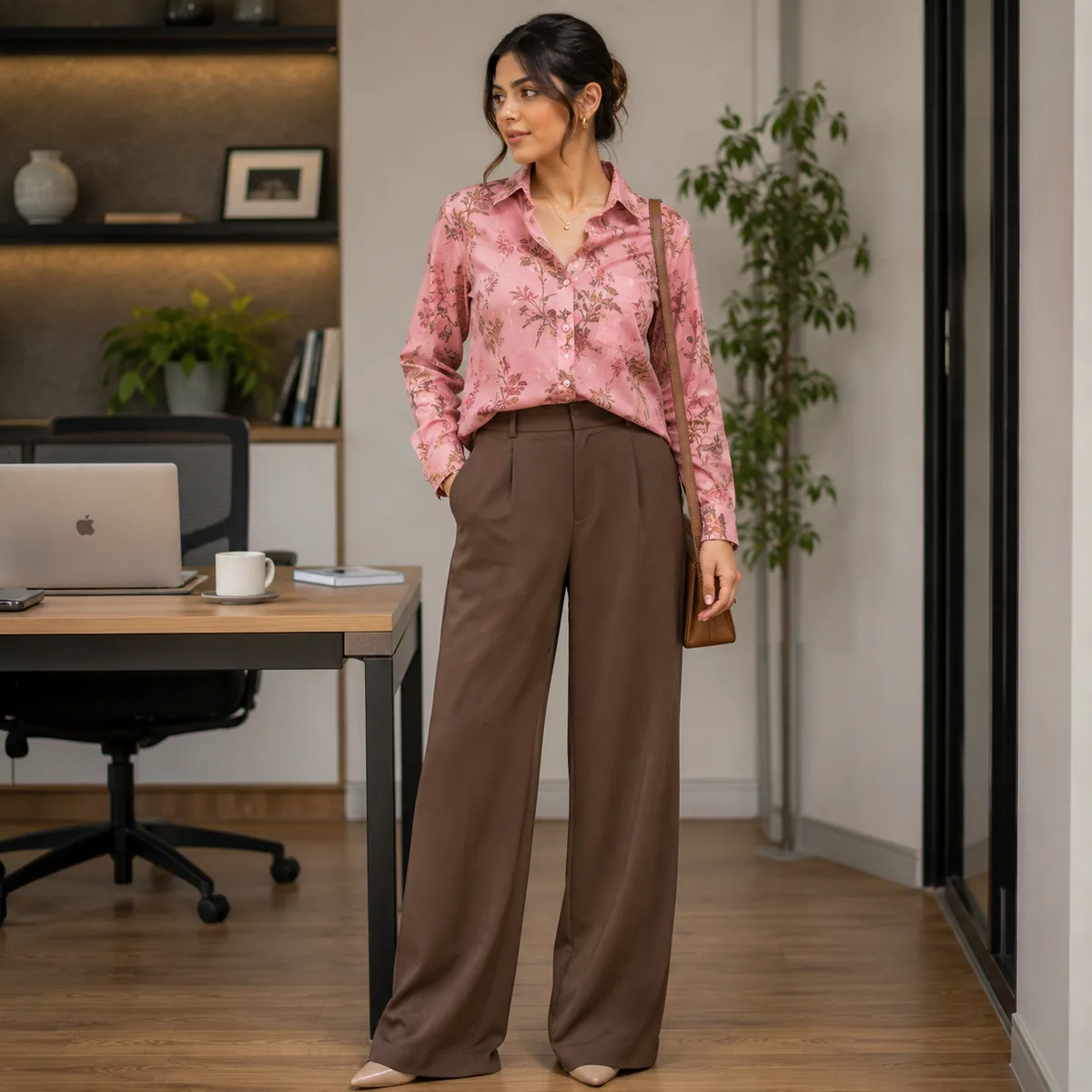 Pink floral shirt and trouser office wear set, stitched through FABLOON's online ordering process