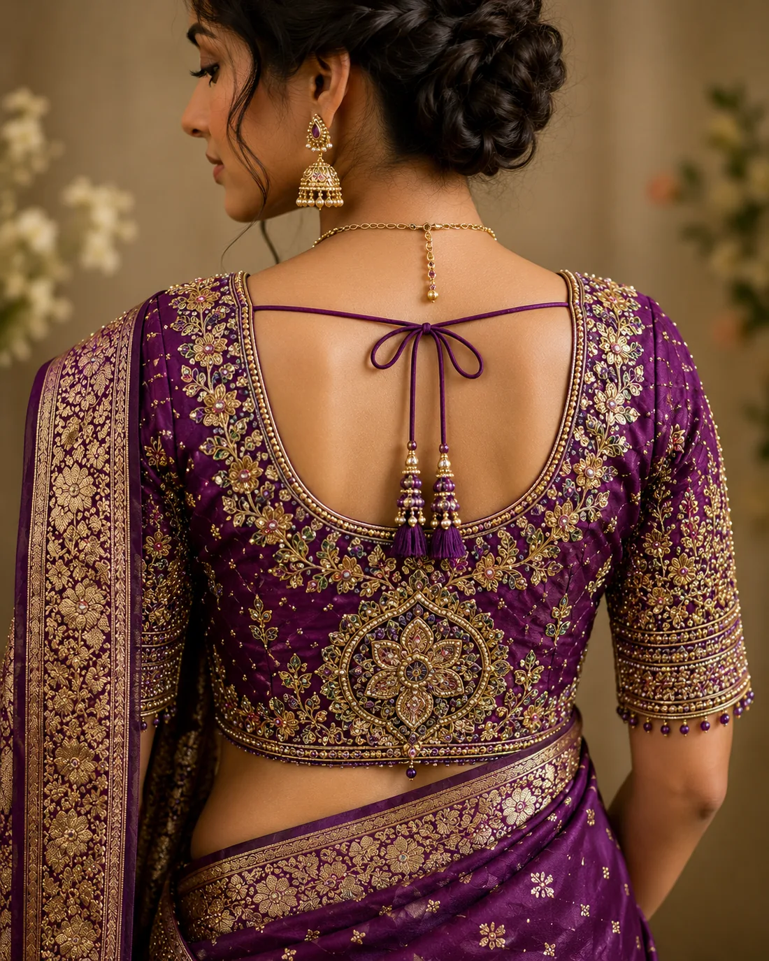 Back of a purple and gold medallion bridal blouse representing FABLOON bridal and designer wear