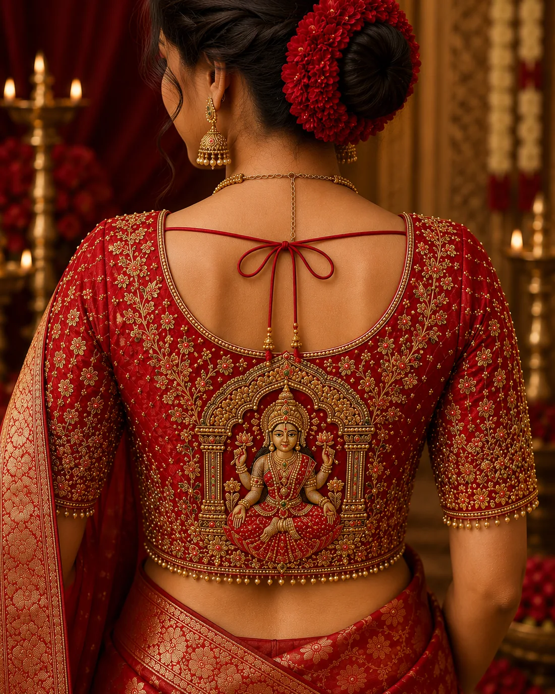 Red and gold bridal blouse with hand-embroidered Lakshmi temple motif Aari work by FABLOON in Chennai