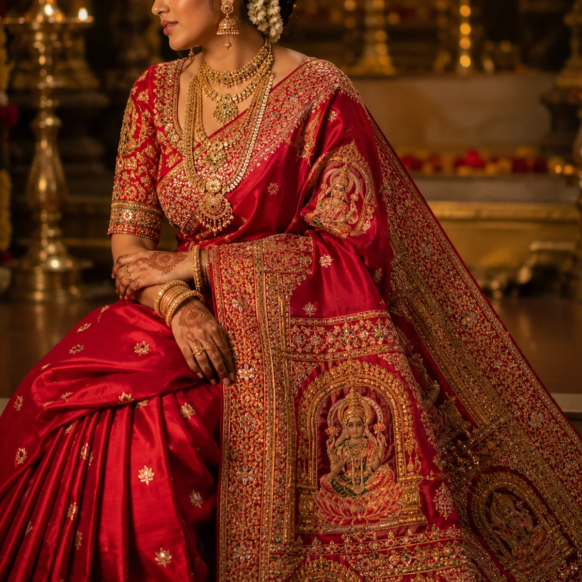 Red and gold temple motif silk bridal saree that can be converted into modern wear at FABLOON